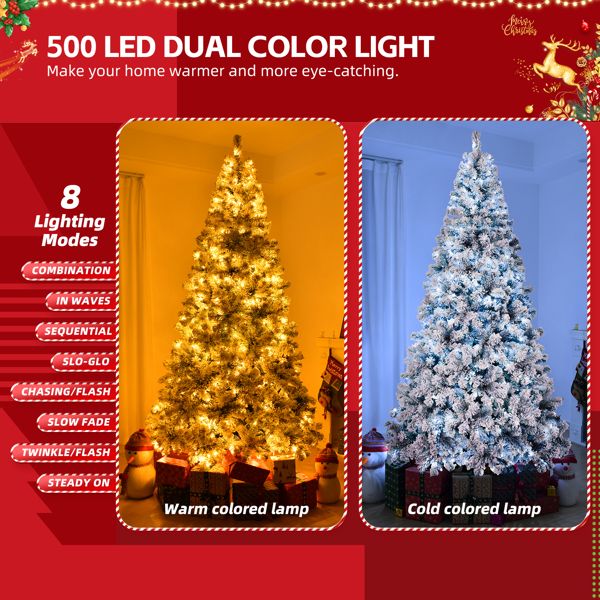 8 FT Snow-Flocked Pre-Lit Christmas Tree with 500 LED Lights & Remote Control – Perfect Holiday Decor for Home & Office 2024