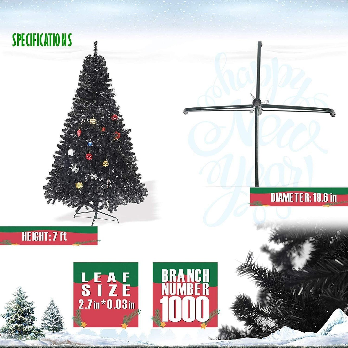 7 ft Black Artificial Christmas Tree with 17 Ornaments – Unique Holiday Decor for Christmas and Halloween 2024