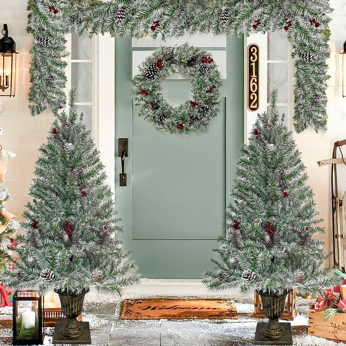 Pre-lit Artificial Christmas 4-Piece Set,Garland, Wreath and Set of 2 Entrance Trees