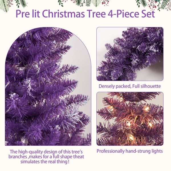 4 ft Pre-Lit Purple Christmas Tree Set with Wreath, Garland & Entrance Trees – LED Holiday Decor for Festive Celebrations 2024