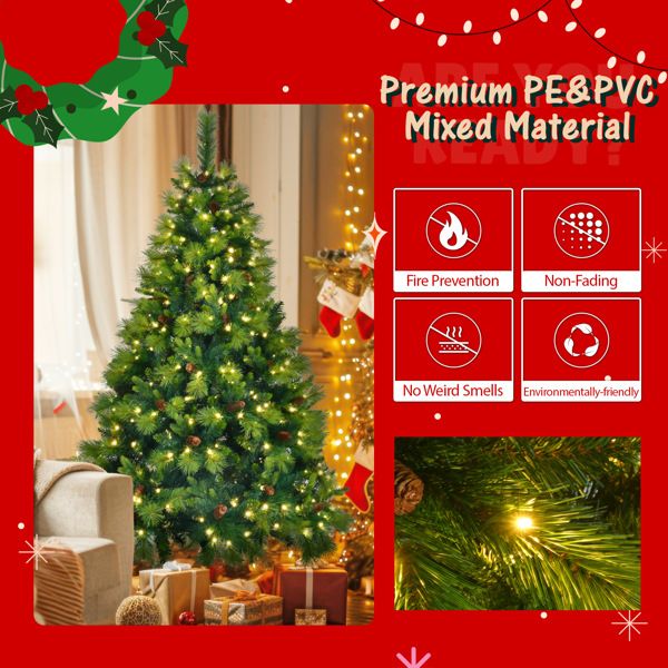 6FT Pre-Lit Green Christmas Tree Set with Garland & Wreath, Artificial Pine with Pine Cones, Hinged Holiday Decor for Home & Office 2024