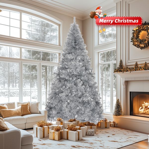 8 FT Silver Unlit Christmas Pine Tree – Lush Hinged Design with 1350 Branch Tips, Ideal Holiday Decor for Homes 2024