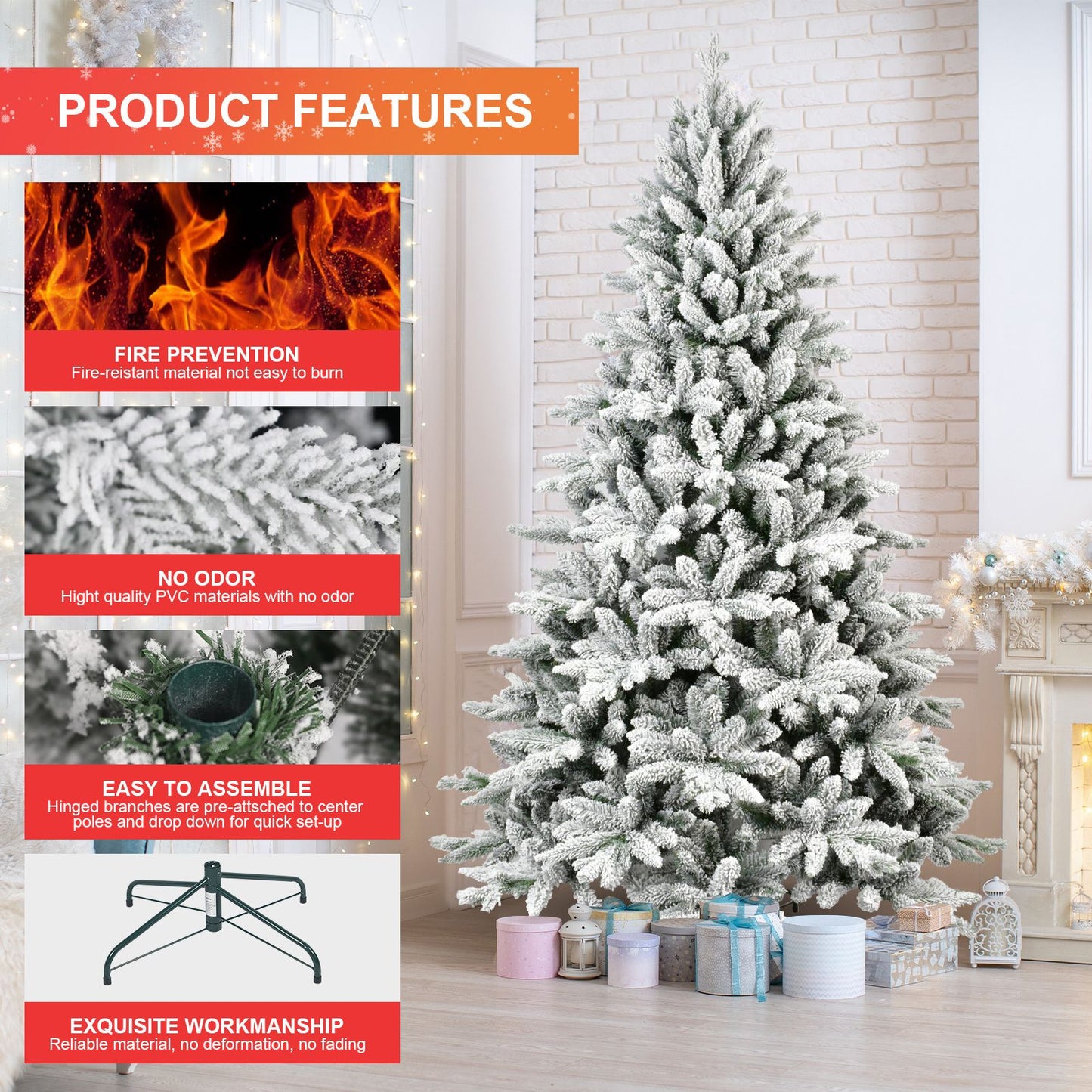 6ft Fireproof Snow-Flocked Artificial Christmas Tree – Eco-Friendly PVC Design with Hinged Structure for Holiday Decor 2024