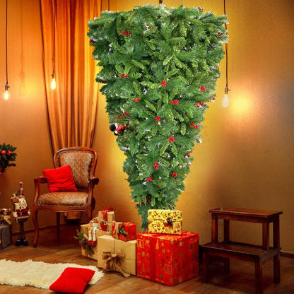 7.5 FT Inverted Christmas Tree with Santa's Legs & Berries - Unique PVC Holiday Decoration for Festive Celebrations