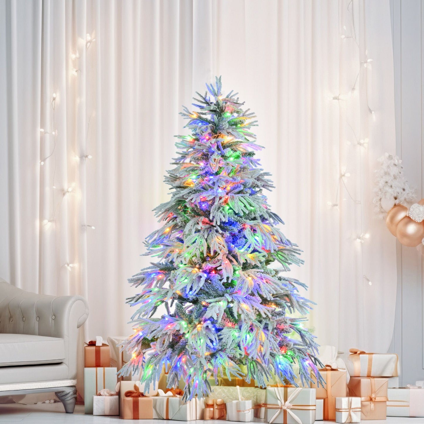 6FT Pre-Lit Snow-Flocked Christmas Tree with 300 Multi-Color LED Lights – Perfect Holiday Decor for Home and Office 2024