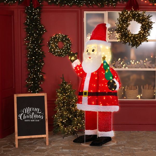 6FT Pre-lit Waving Santa Decoration – Sparkly Plush Fabric with 180 Warm White LED Lights, Indoor/Outdoor Holiday Decor 2024