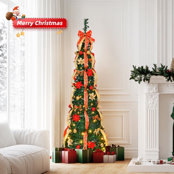 6 FT Pre-Lit Artificial Christmas Tree with Red & Gold Ornaments - Fully Decorated Holiday Decor for Home & Office 2024