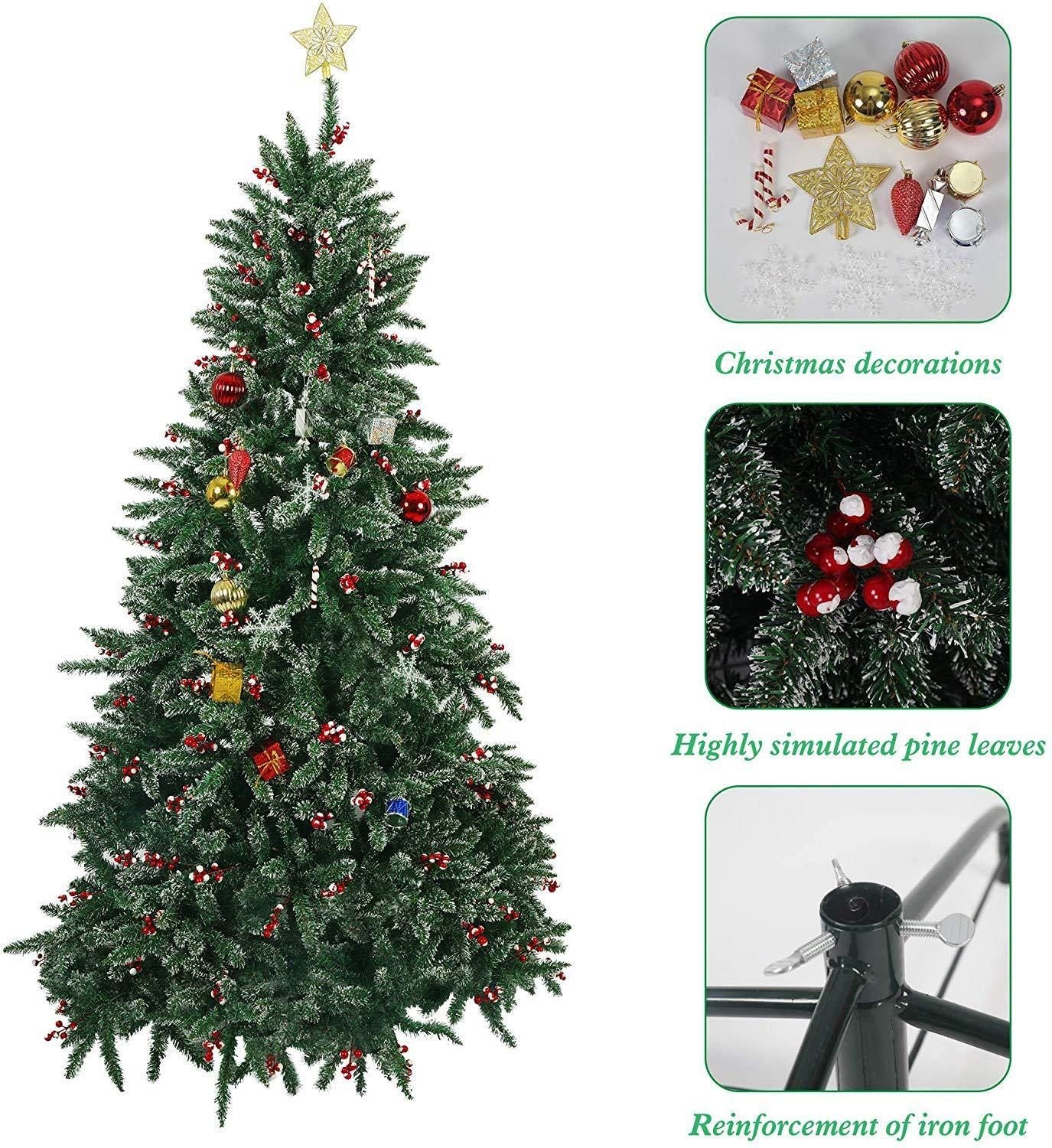 7 ft Snow-Flocked Artificial Christmas Tree with 1390 Tips and Red Cherry Decor for Festive Indoor and Outdoor Holiday 2024