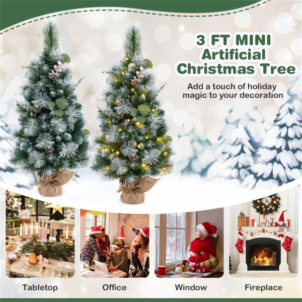 3 FT Pre-Lit Mini Artificial Christmas Tree with Pine Cones and Warm LED Lights - Perfect Holiday Decor for Small Spaces 2024