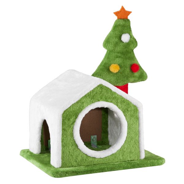 24-inch Plush Christmas Cat Cave – Festive Tree Design, Cozy Bed for Indoor Cats, Holiday Decor 2024