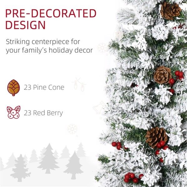 6ft Slim Snow-Flocked Christmas Tree with Pinecones and Red Berries – Ideal Holiday Decor for Small Spaces 2024