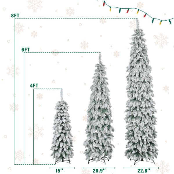 4FT, 6FT, 8FT Pre-Lit Snow-Flocked Pencil Christmas Trees with LED Lights – Slim Holiday Decor Set for Home & Office 2024