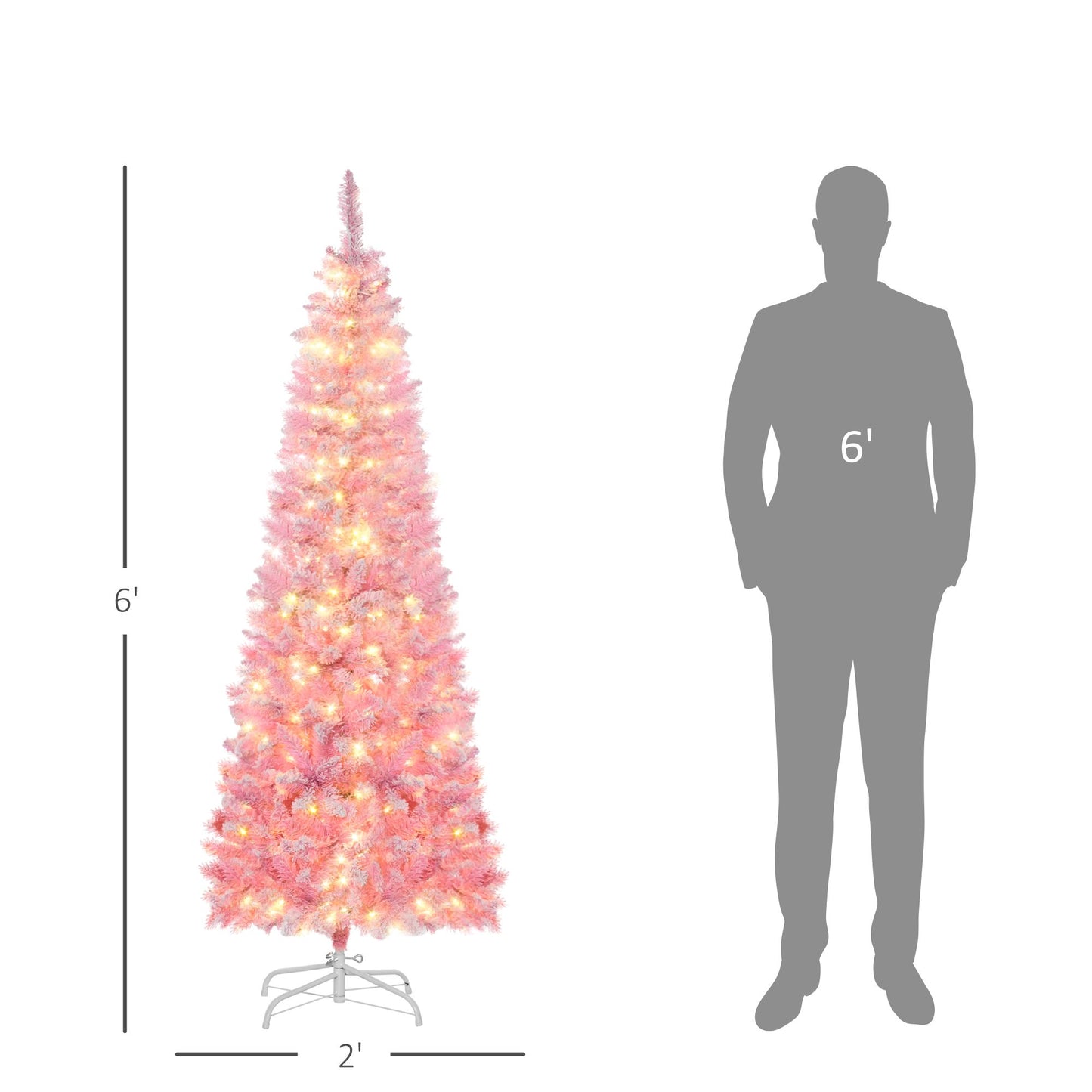 6 ft Snow-Flocked Pink Pencil Christmas Tree – Pre-Lit with Warm White LED Lights, Perfect for Festive Home Decor 2024