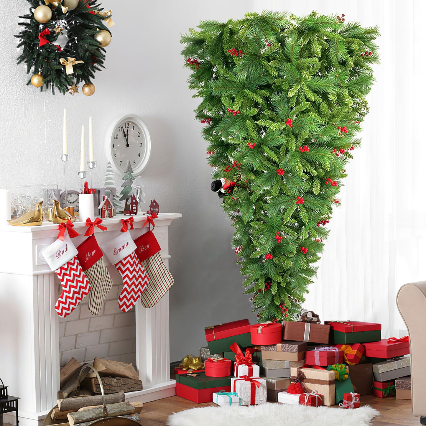 7.5 ft Unique Upside Down Christmas Tree with Santa's Legs and Artificial Berries – Festive Holiday Decor for 2024