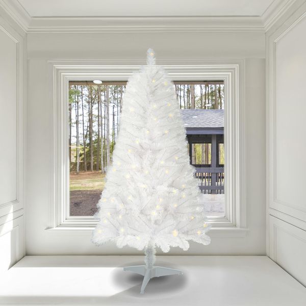 4ft Pre-Lit White Norwood Spruce Christmas Tree – 100 Warm White LED Lights, Realistic PVC Design for Indoor Holiday Decor 2024