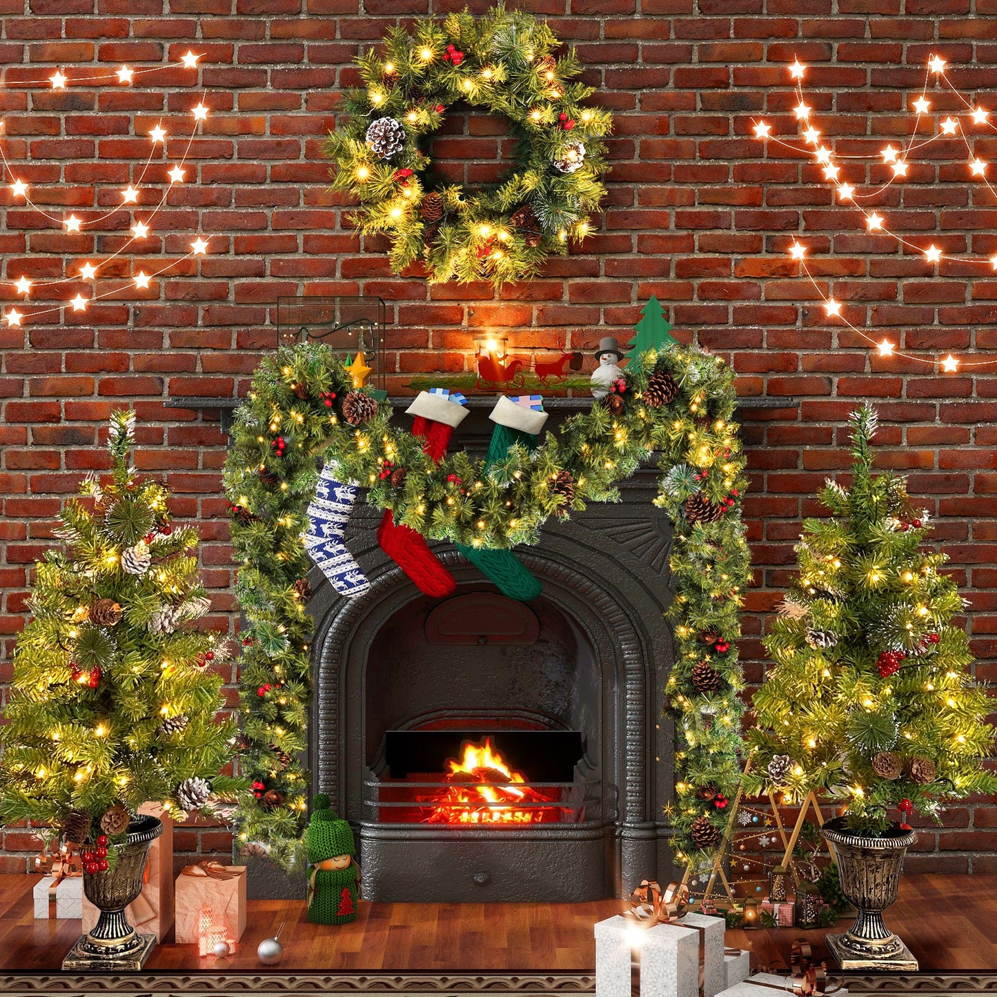 4-Piece Pre-Lit Christmas Tree Set with LED Lights - Realistic 3FT Entrance Trees, Garland & Wreath for Holiday Decor 2024