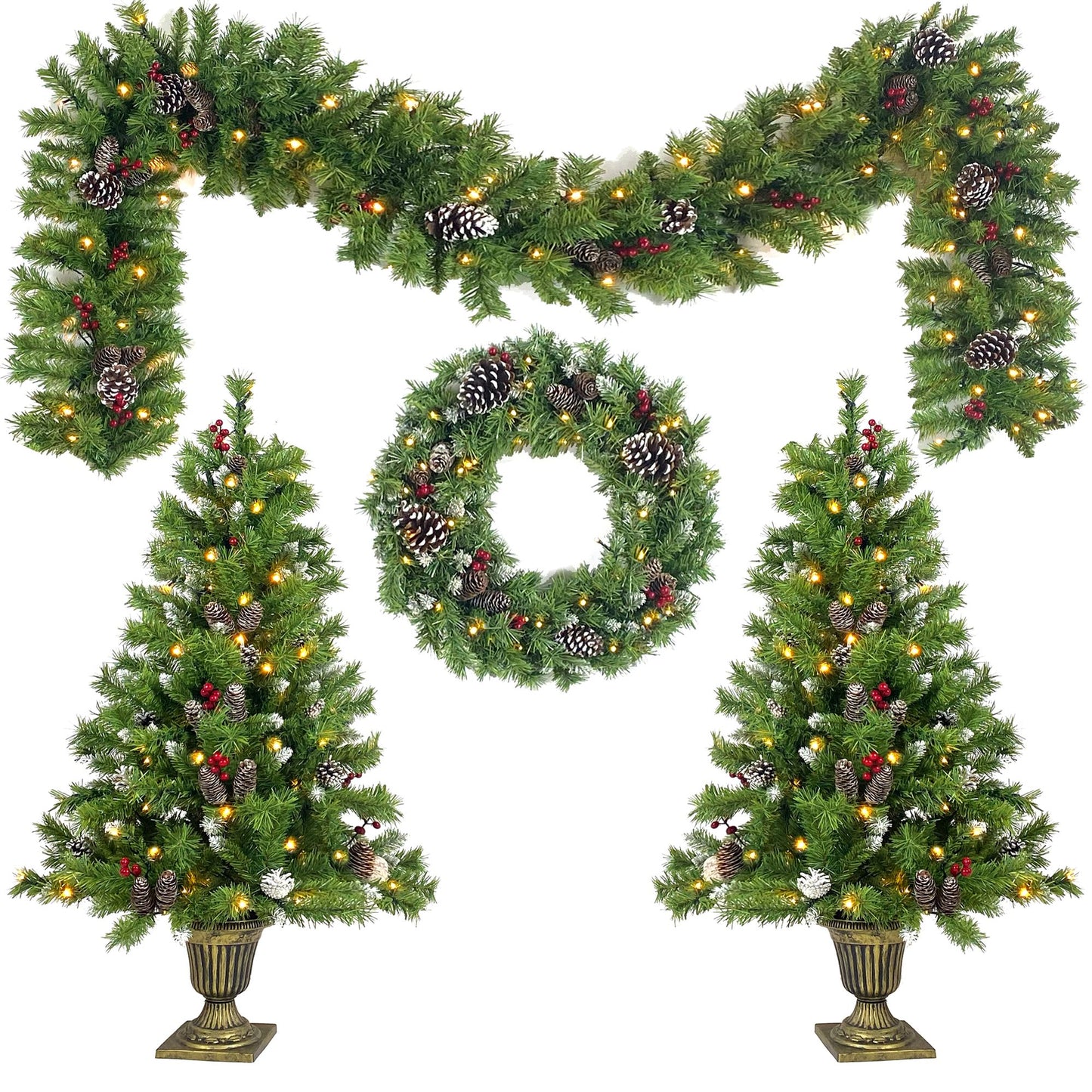 4 ft Pre-Lit Artificial Christmas Tree Set with LED Lights, Garland, Wreath & Entrance Trees for Festive Home Decor 2024