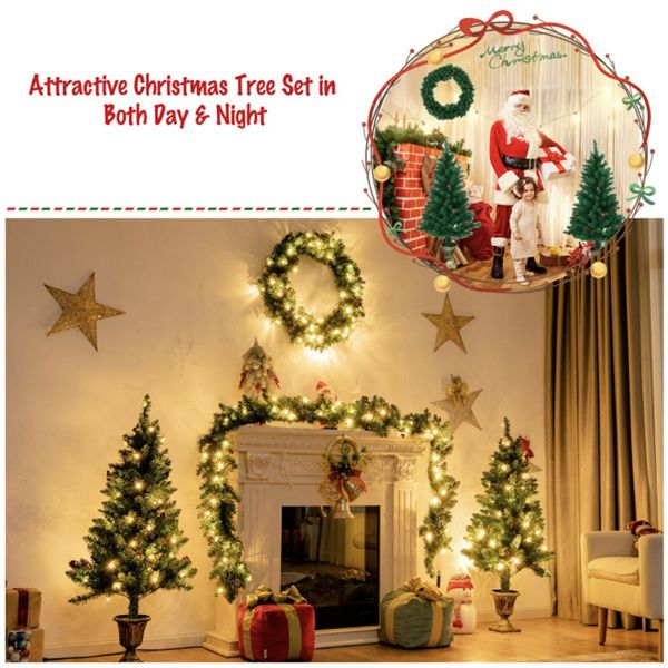 4-Piece Pre-Lit Christmas Decoration Set with Wreath, Garland, and Entrance Trees for Festive Holiday Decor 2024