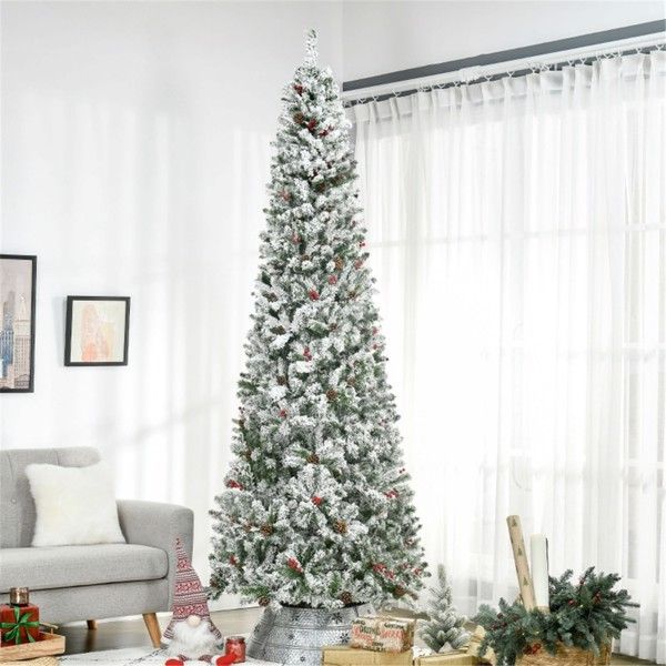 9ft Snowy Pine Christmas Tree with Pine Cones & Berries - Elegant Indoor Holiday Decor for Small Spaces