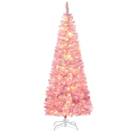 6 ft Snow-Flocked Pink Pencil Christmas Tree – Pre-Lit with Warm White LED Lights, Perfect for Festive Home Decor 2024