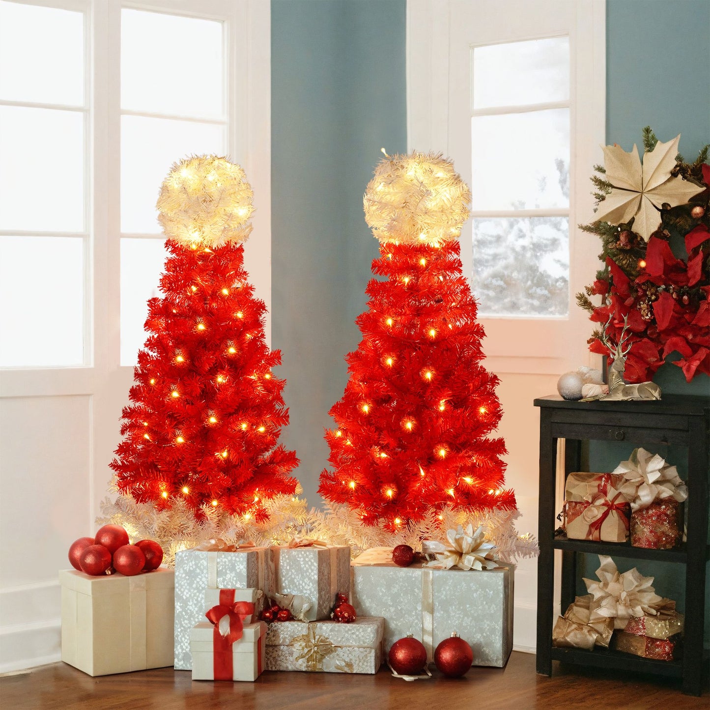 Set of 2 Light-Up Santa Hat Inspired 4ft Christmas Trees with Warm White LED Lights for Indoor and Outdoor Decor