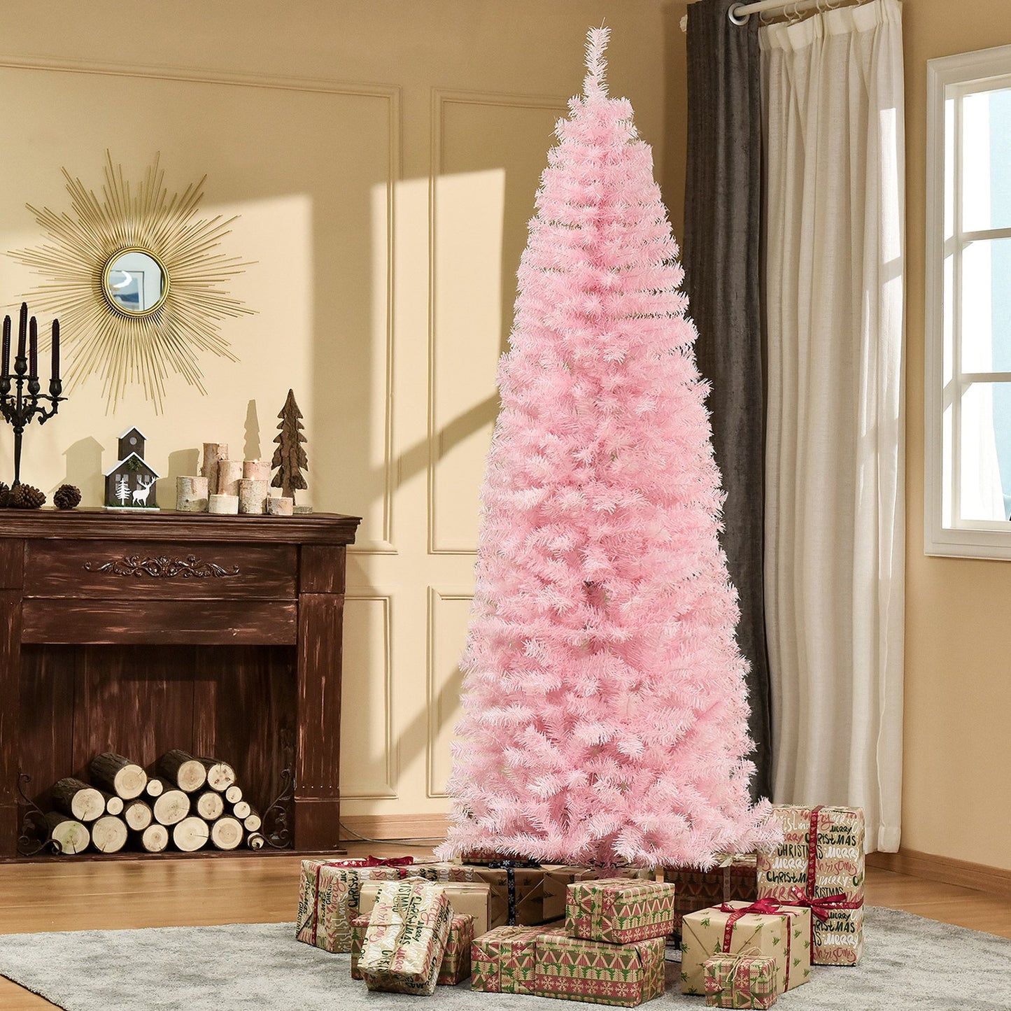 7 ft Slim Pink Douglas Fir Artificial Christmas Tree - 818 Realistic Branch Tips, Perfect for Small Spaces Holiday Decor 2024