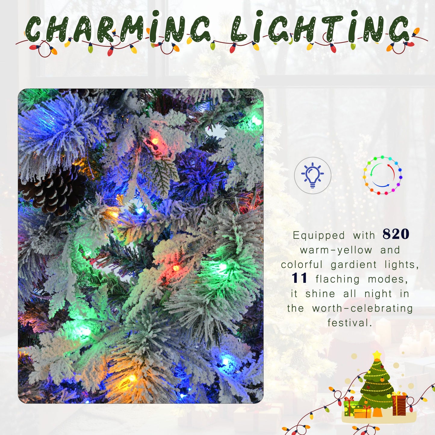 6FT Pre-Lit Snow-Flocked Christmas Tree with Pine Cones – Lush Holiday Decor with 250 Multi-Color LED Lights, Perfect for Home & Office 2024