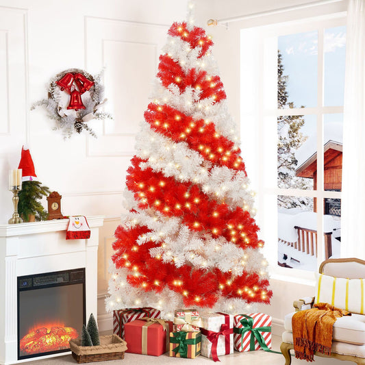 6 ft Candy Cane Christmas Tree – Pre-Lit with 300 LED Lights and 904 Realistic Branches, Festive Holiday Decoration for Home 2024