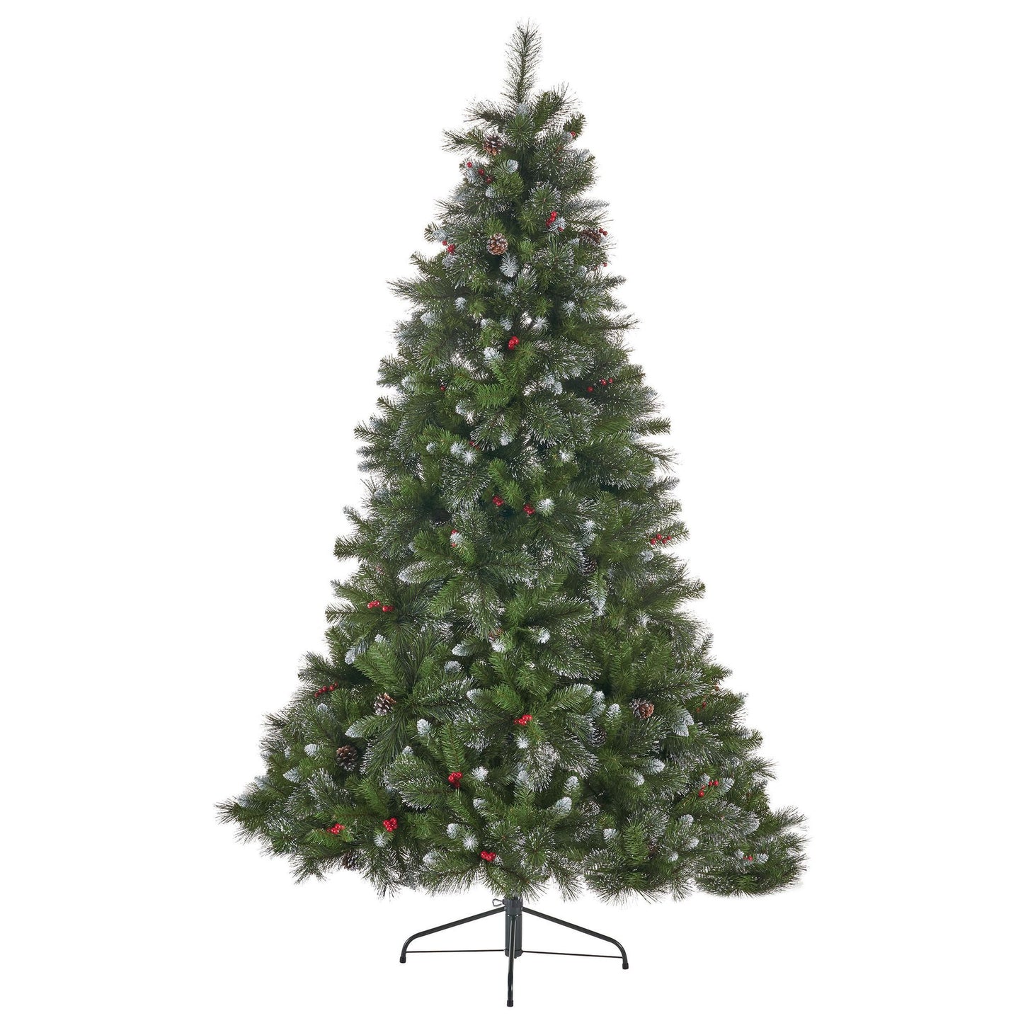 9 ft Glitter Bristle Hinged Christmas Tree with 72 Red Berries & 73 Pine Cones, 2099 Tips, Ideal Holiday Decor for Christmas 2024