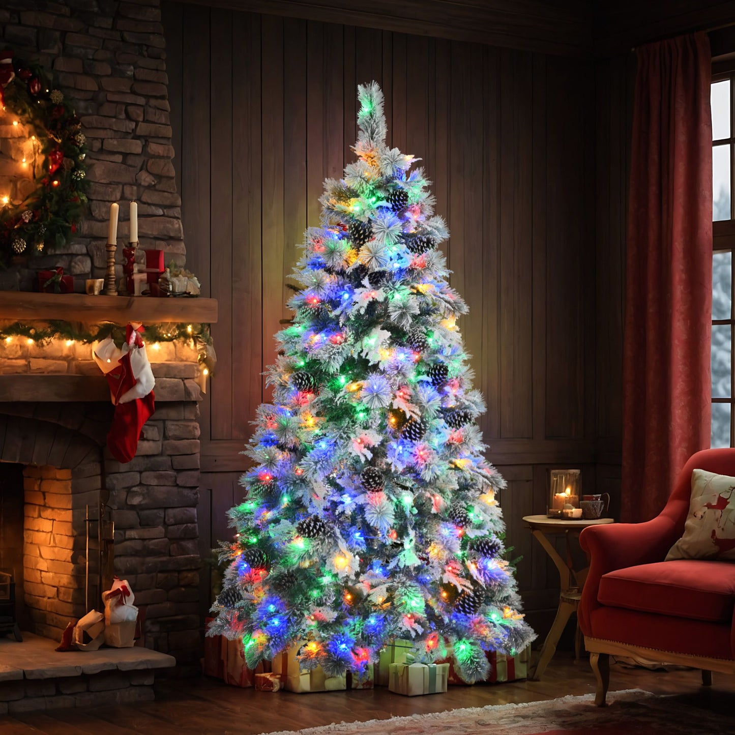 Snow-Flocked 6FT Pre-Lit Christmas Tree with 250 LED Lights, 403 Branch Tips & Pine Cones - Perfect Holiday Decor for Homes & Offices