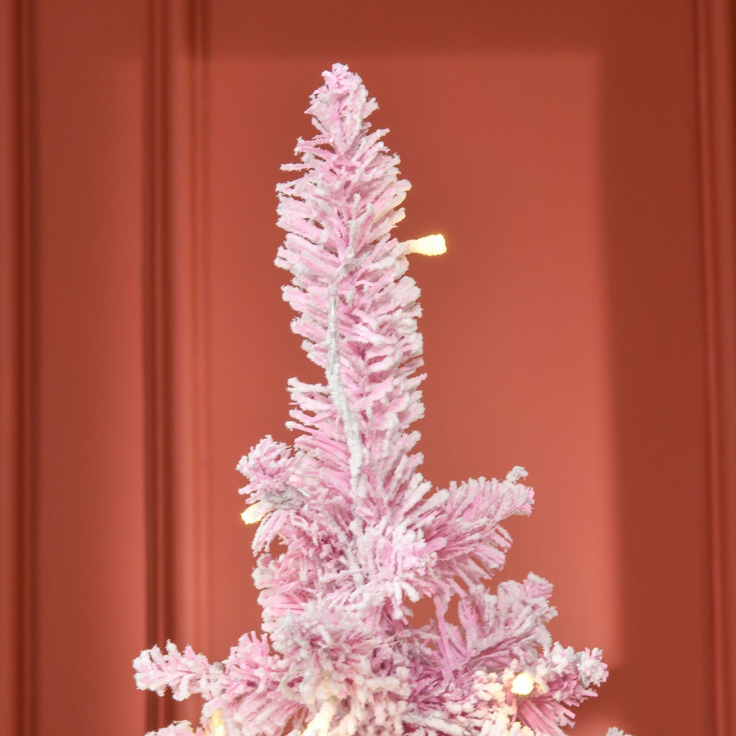 6 ft Snow-Flocked Pink Pencil Christmas Tree – Pre-Lit with Warm White LED Lights, Perfect for Festive Home Decor 2024