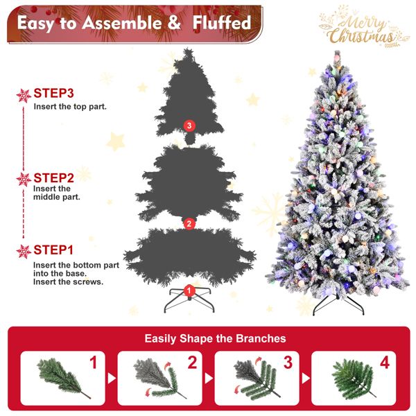 8ft Pre-Lit Snow-Flocked Christmas Tree with Colorful & Warm LED Lights – Perfect Holiday Decor for Home, Christmas 2024