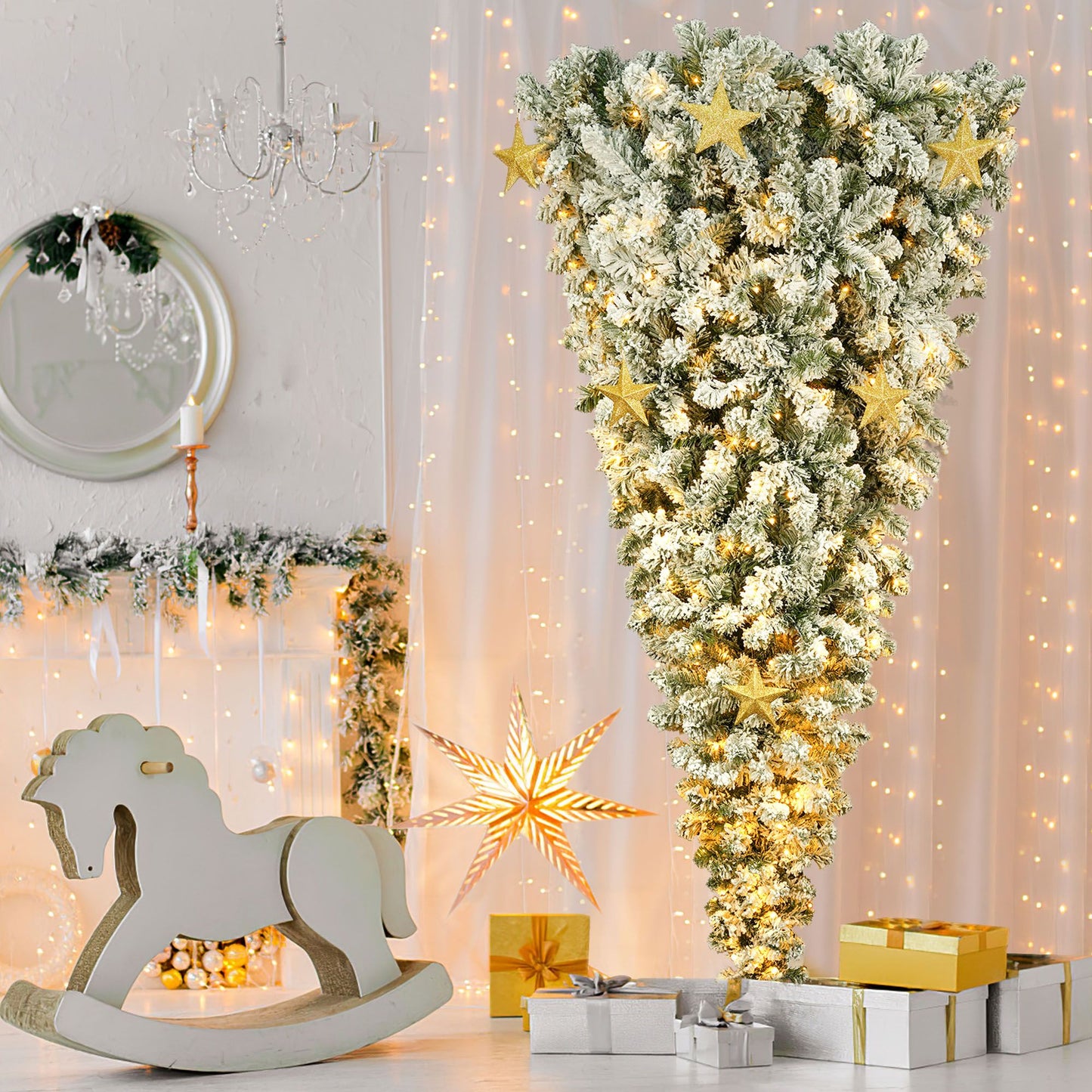 6 FT Snow-Flocked Upside Down Christmas Tree with 360 LED Warm Lights & 8 Elegant Golden Star Ornaments for Holiday Decor 2024