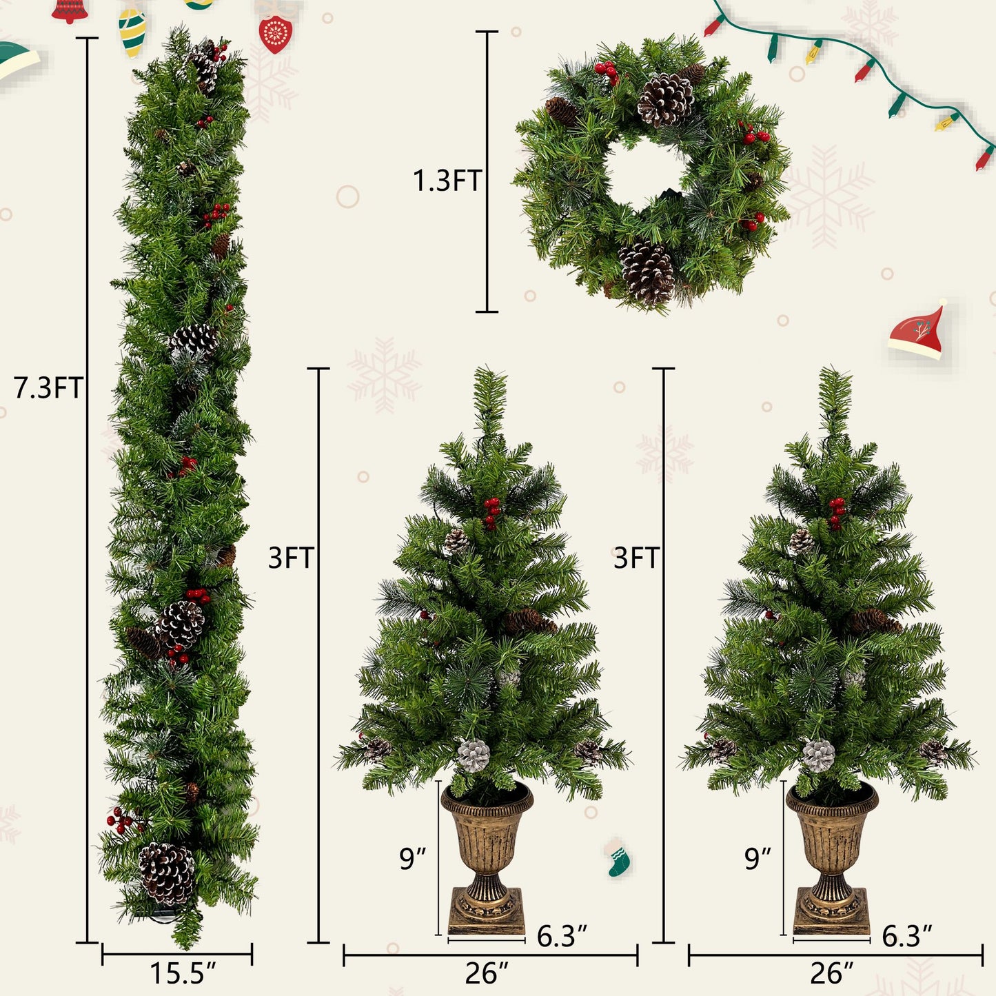 4-Piece Pre-Lit Christmas Tree Set with 3FT Entrance Trees, Wreath & Garland - LED Lights Holiday Decor 2024