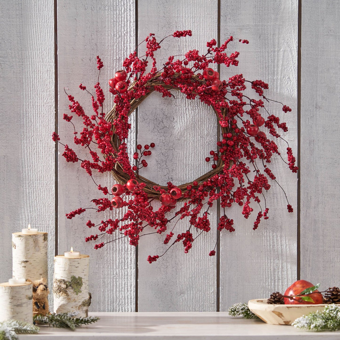 23.5-inch Mixed Berry Wreath – Rustic Twig Frame for Front Door, Christmas Decor 2024