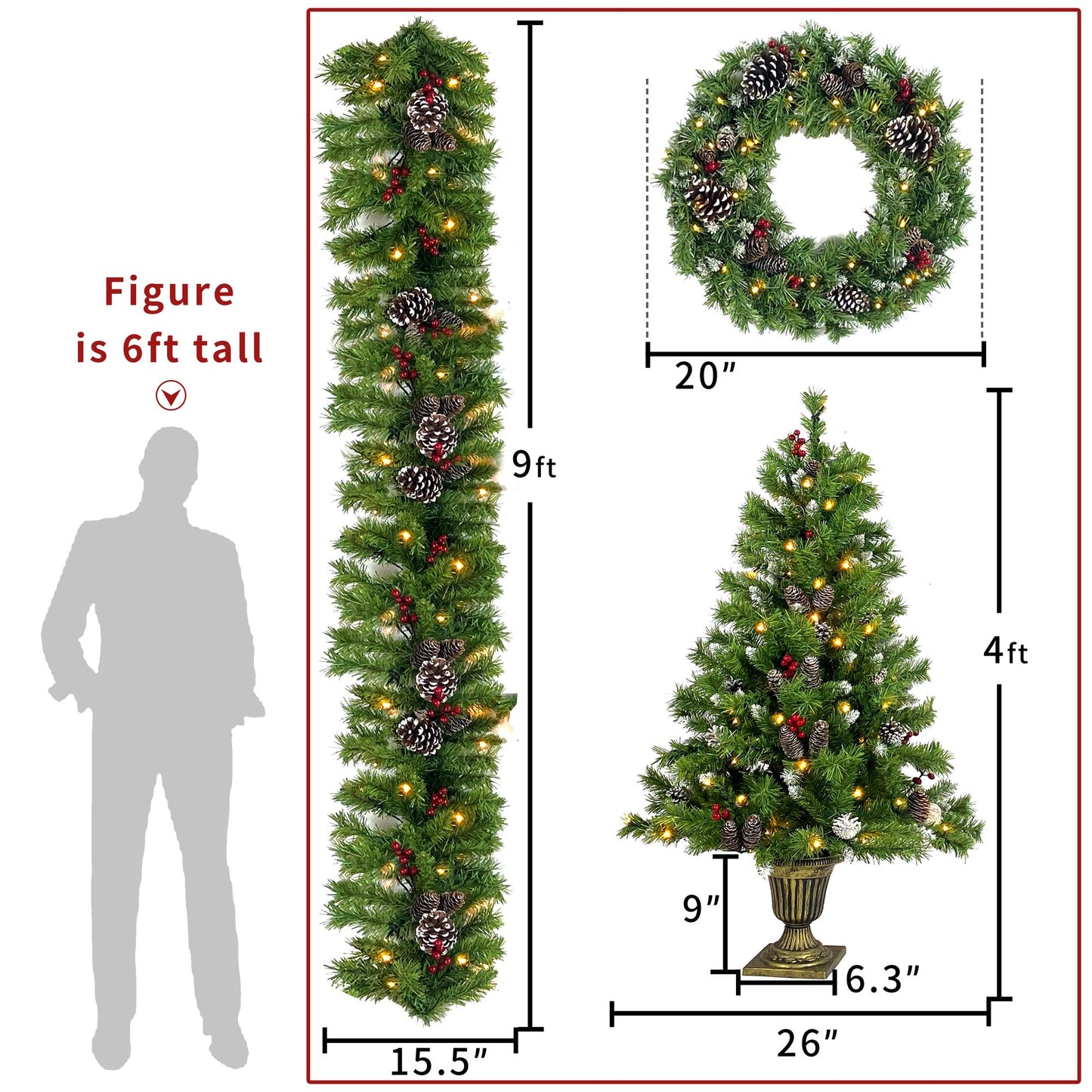 4 ft Pre-Lit Artificial Christmas Tree Set with LED Lights, Garland, Wreath & Entrance Trees for Festive Home Decor 2024