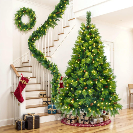 6FT Pre-Lit Artificial Pine Christmas Tree Set with Garland & Wreath – Festive Holiday Decor with Pine Cones for Home & Office 2024