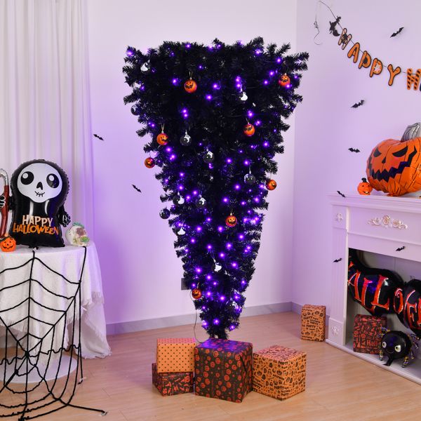 6 FT Pre-Lit Black Upside Down Christmas Tree with Purple Lights & Halloween Ornaments – Unique Holiday Decor for Spooky Festivities 2024