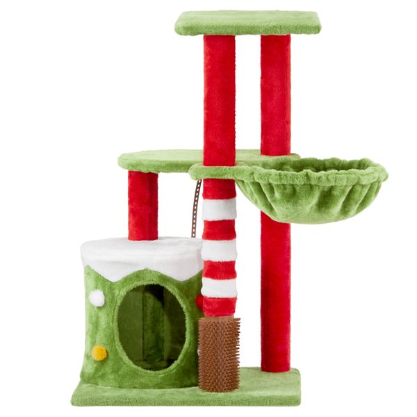 32in Festive Plush Cat Tree Tower with Condo, Hammock & Massage Brush - Christmas Themed Activity Center for Indoor Cats