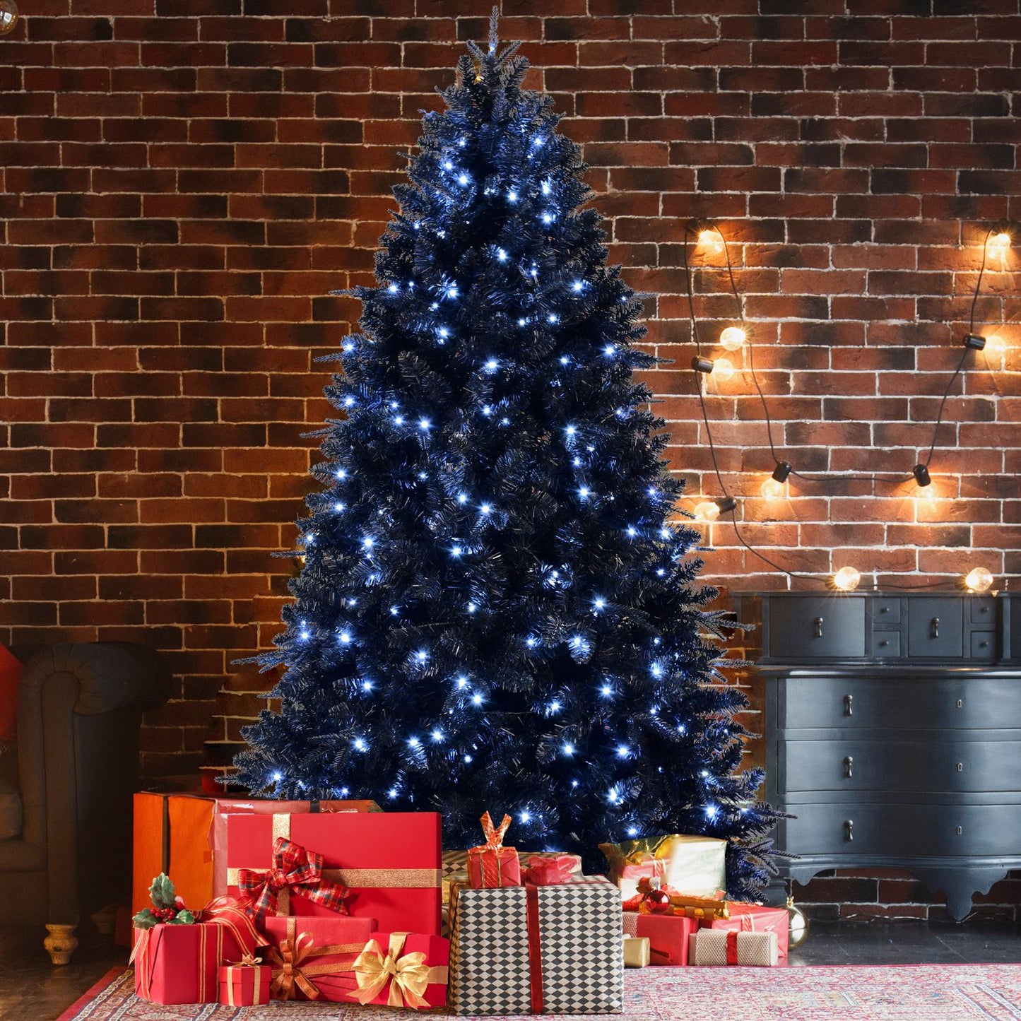 8ft Pre-Lit Black Christmas Tree – Full Artificial Holiday Decoration with 2486 Branch Tips & 600 Lights for Festive Decor 2024