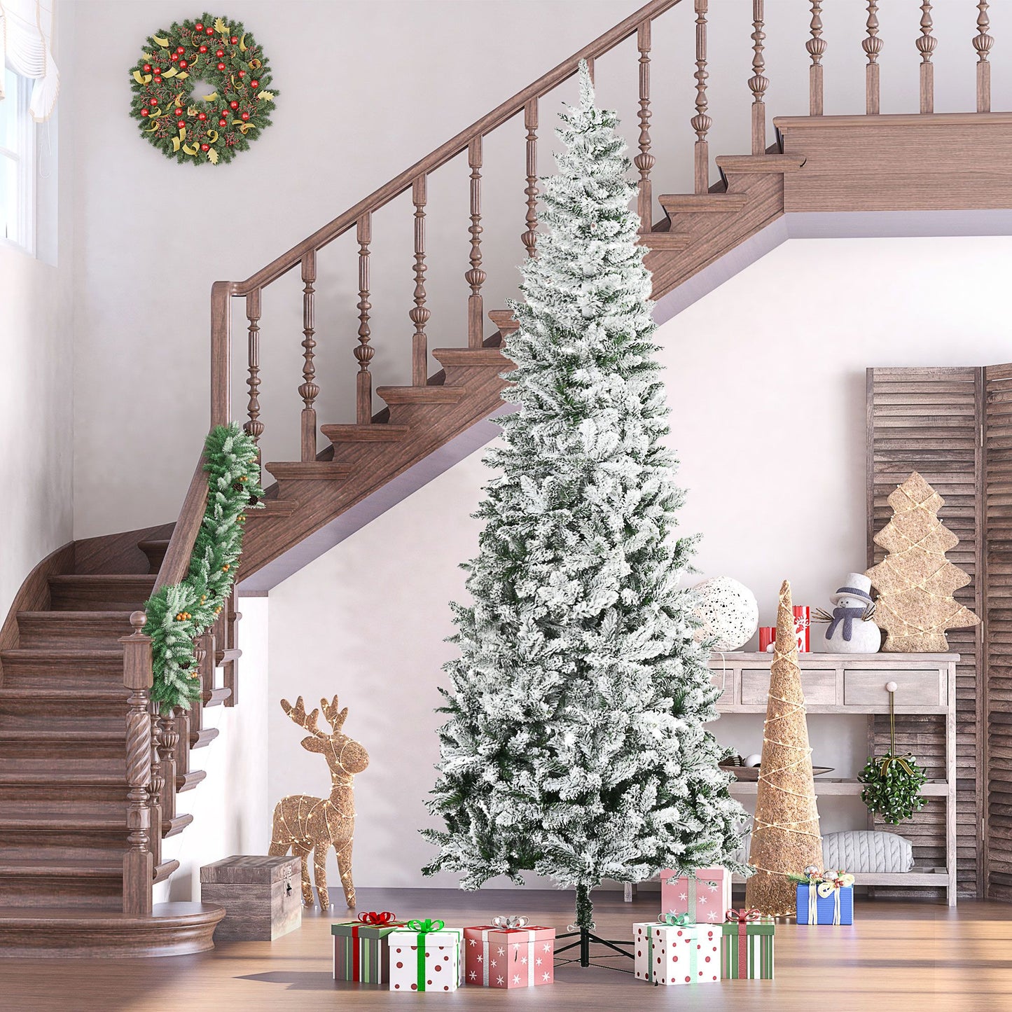 9ft Slim Snow-Flocked Pine Christmas Tree with Realistic Branches and 1084 Tips for Holiday Decor 2024