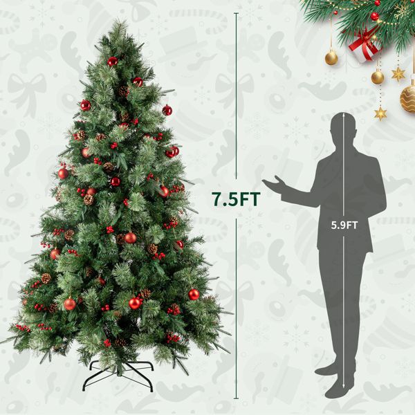 7.5ft Pre-Lit Flocked Christmas Tree with 450 LED Lights, 1500 Branch Tips, Pine Cones & Berries - Elegant Holiday Decor