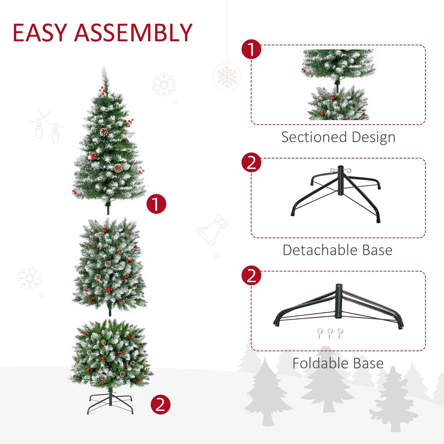 7.5 ft Pre-Lit Snow-Flocked Artificial Christmas Tree with Realistic Branches, 350 LED Lights, Pine Cones & Berries for Holiday Decor 2024