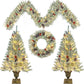 Pre-Lit Artificial Christmas Tree Set - 4-Piece Holiday Decor with Wreath, Garland, and Entrance Trees for Festive Home Decoration