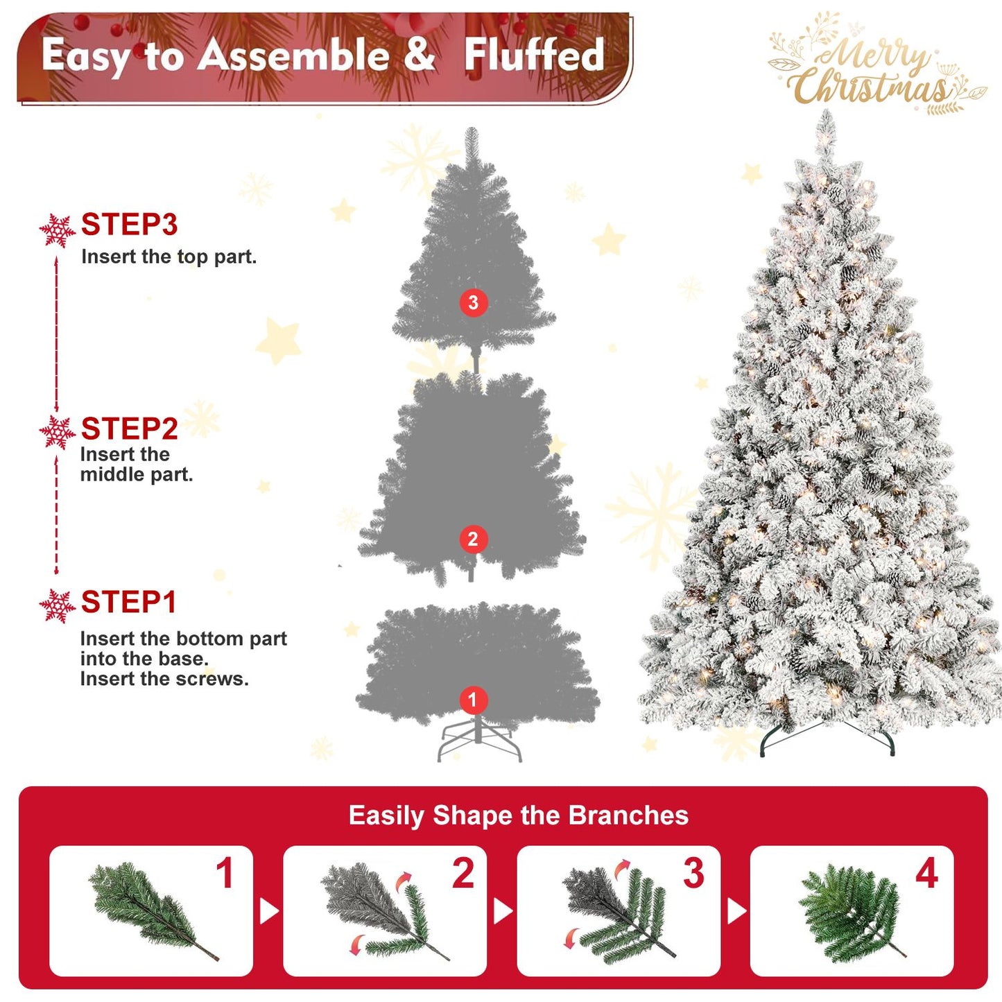 Snow-Flocked Artificial Christmas Tree with Pine Cones, Prelit Xmas Trees, Hinged Easy Assembly & Reinforced Metal Base - Ideal for Indoor & Outdoor Festive Decorations