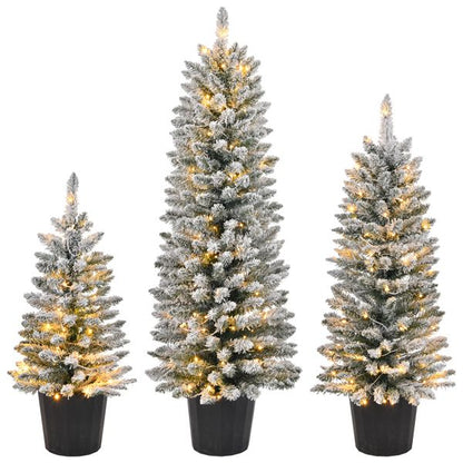 Set of 3 Snow-Flocked Pre-Lit Christmas Trees – 3/4/5 FT with Warm LED Lights, Perfect Holiday Decor for Home & Office 2024