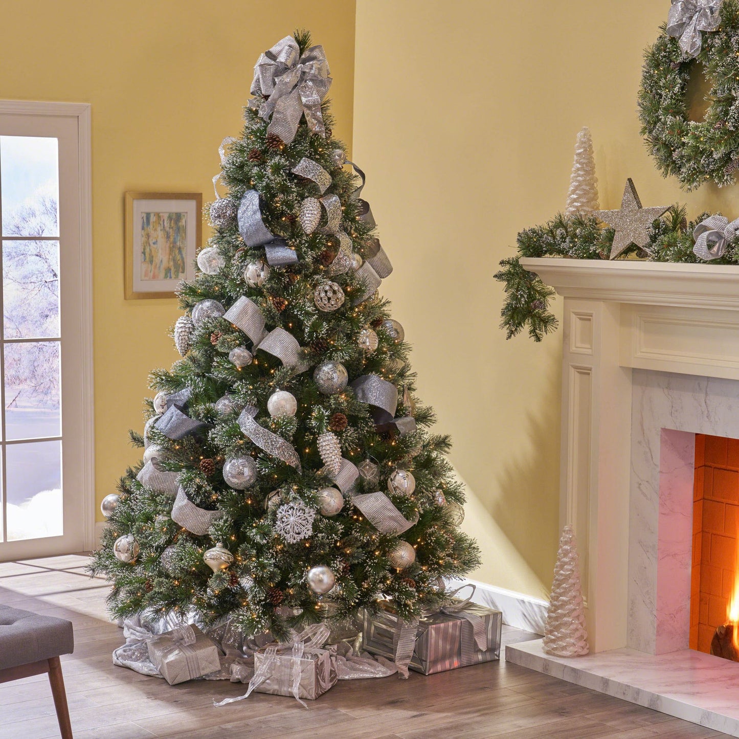 9' Snow-Flocked Cashmere Christmas Tree with 105 Pine Cones & 1200 Clear Lights - Perfect Holiday Decor for 2024