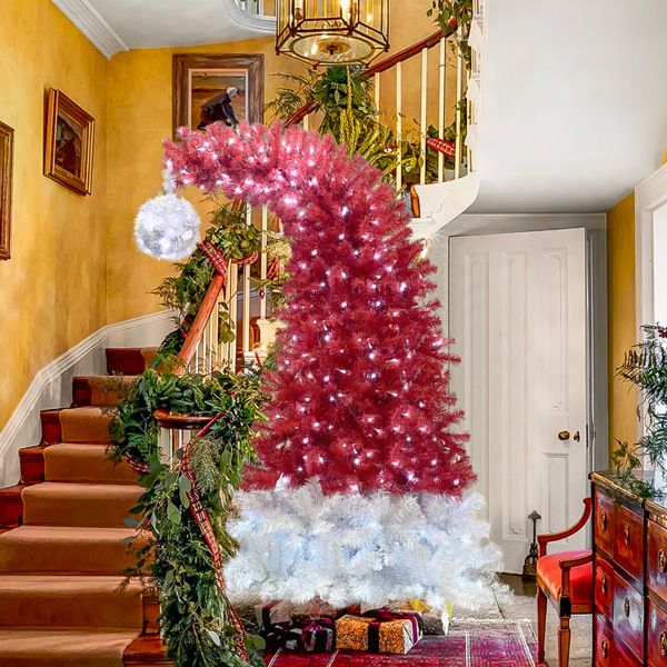 Santa Hat Inspired Christmas Tree – 7.5 ft Red & White Pre-Lit Holiday Decor with 300 LED Lights, Perfect for Festive Home Decoration 2024