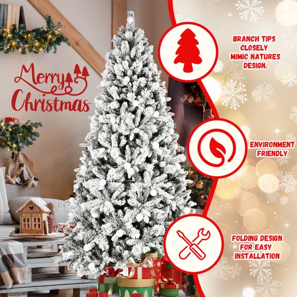 8ft Pre-Lit Snow-Flocked Christmas Tree with Colorful & Warm LED Lights – Perfect Holiday Decor for Home, Christmas 2024