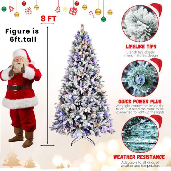 8ft Pre-Lit Snow-Flocked Christmas Tree with Colorful & Warm LED Lights – Perfect Holiday Decor for Home, Christmas 2024